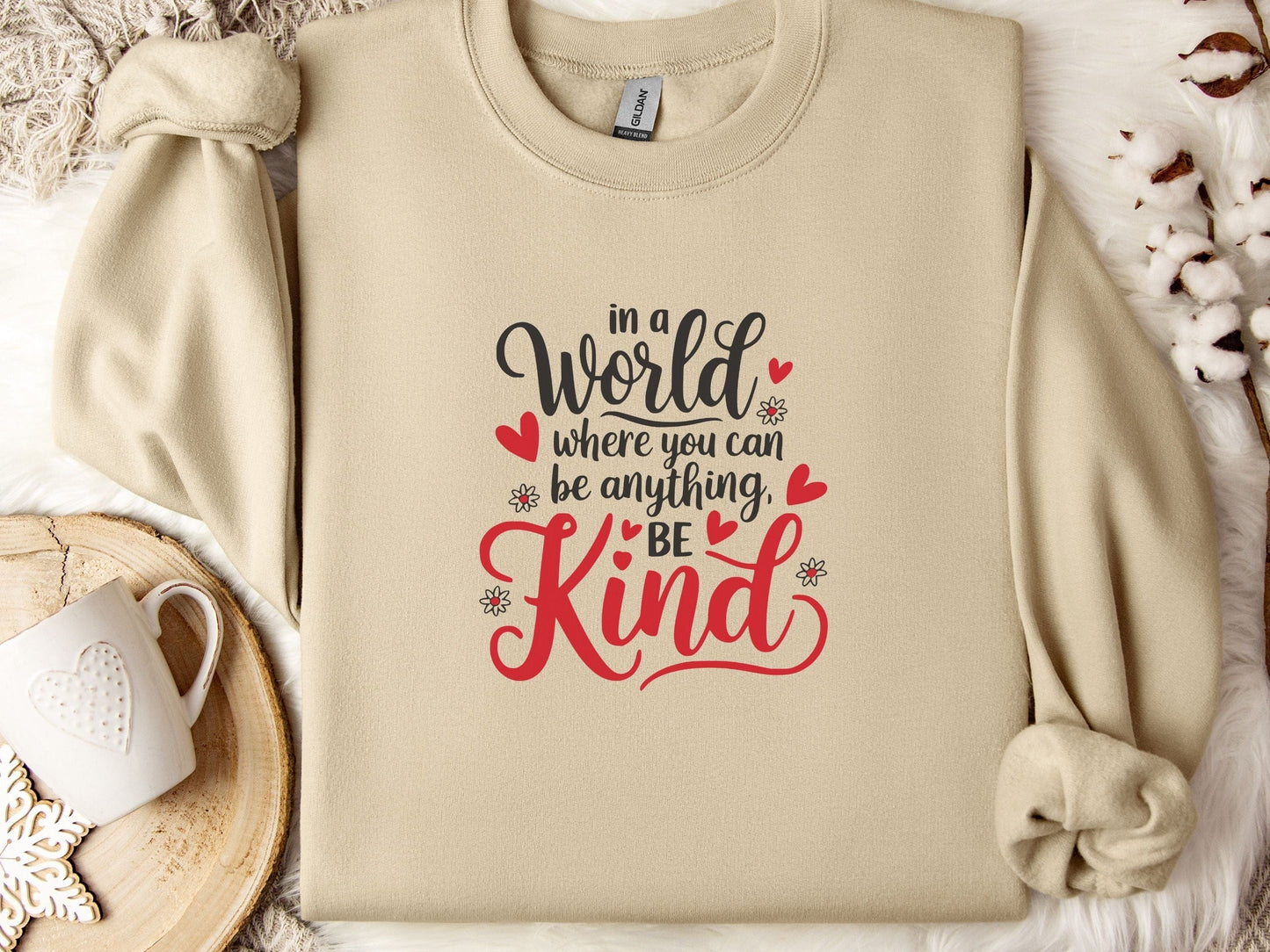 In A World Where You Can Be Anything Be Kind Love Hearts Sweatshirt-Sand-Neurodiversity, ADHD & Autism Awareness & Acceptance Sweatshirt by Daily Bloom