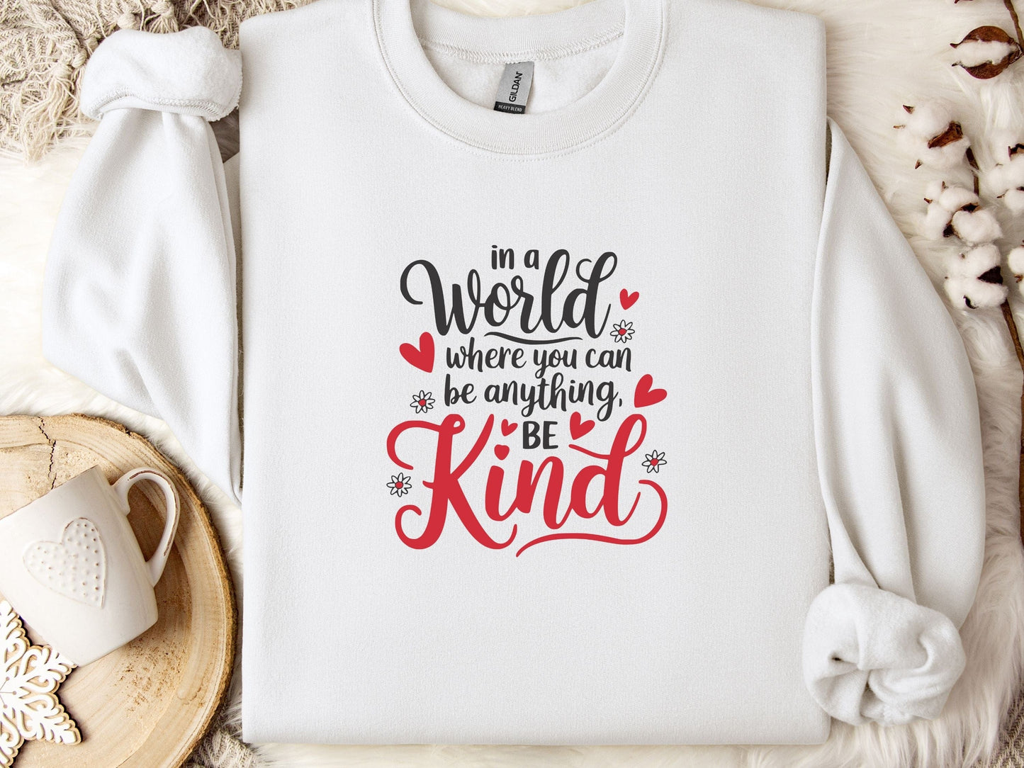 In A World Where You Can Be Anything Be Kind Love Hearts Sweatshirt-White-Neurodiversity, ADHD & Autism Awareness & Acceptance Sweatshirt by Daily Bloom
