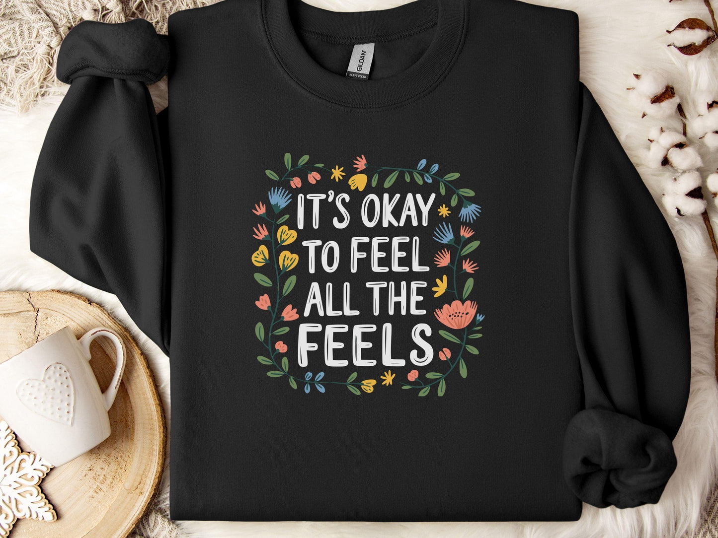 It's Okay To Feel All The Feels Sweatshirt-Black-Neurodiversity, ADHD & Autism Awareness & Acceptance Sweatshirt by Daily Bloom