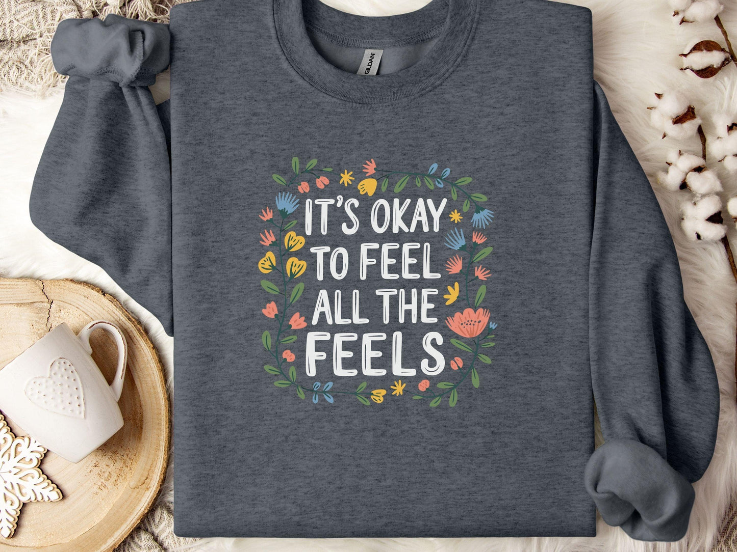 It's Okay To Feel All The Feels Sweatshirt-Dark Heather-Neurodiversity, ADHD & Autism Awareness & Acceptance Sweatshirt by Daily Bloom