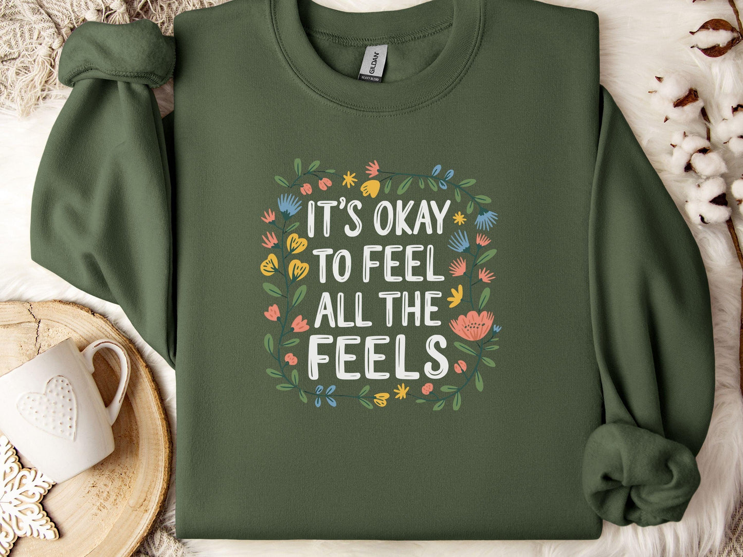 It's Okay To Feel All The Feels Sweatshirt-Military Green-Neurodiversity, ADHD & Autism Awareness & Acceptance Sweatshirt by Daily Bloom