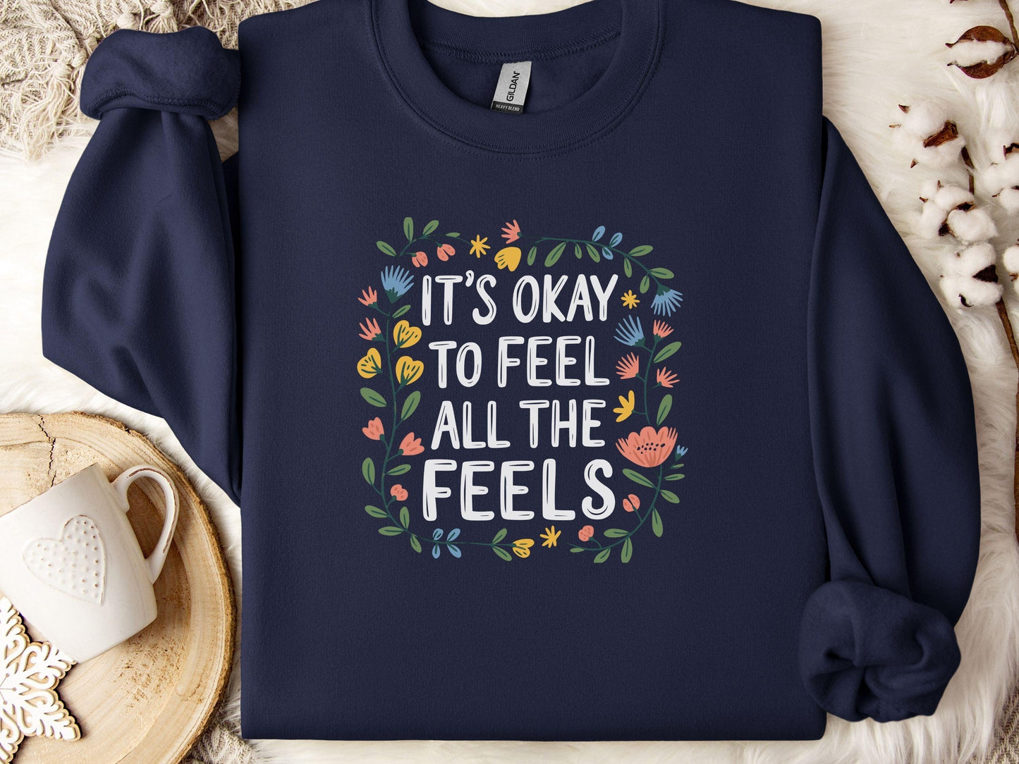 It's Okay To Feel All The Feels Sweatshirt-Navy-Neurodiversity, ADHD & Autism Awareness & Acceptance Sweatshirt by Daily Bloom