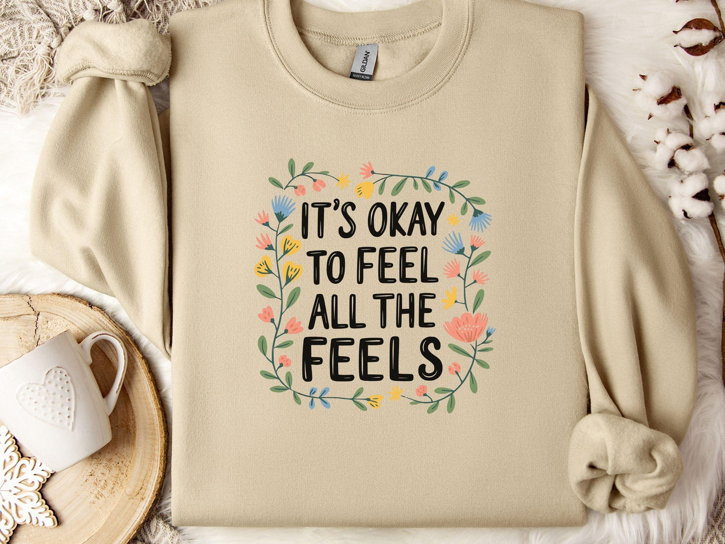 It's Okay To Feel All The Feels Sweatshirt-Sand-Neurodiversity, ADHD & Autism Awareness & Acceptance Sweatshirt by Daily Bloom
