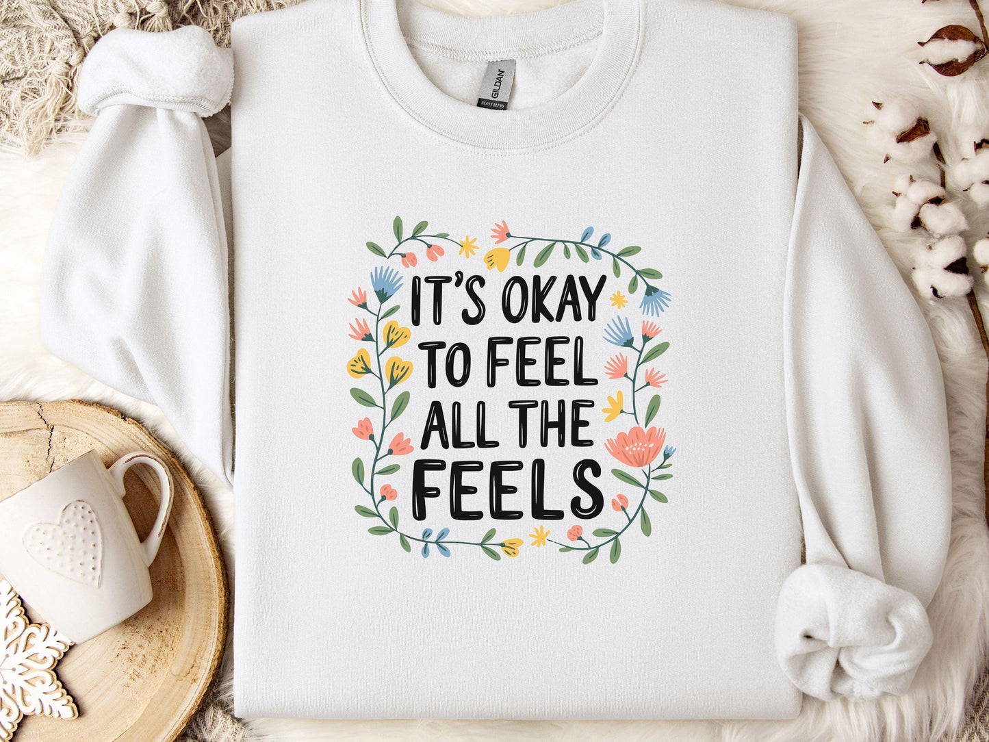 It's Okay To Feel All The Feels Sweatshirt-White-Neurodiversity, ADHD & Autism Awareness & Acceptance Sweatshirt by Daily Bloom