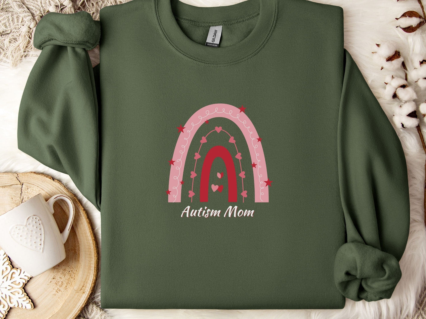 Rainbow Autism Mom Sweatshirt-Military Green-Neurodiversity, ADHD & Autism Awareness & Acceptance Sweatshirt by Daily Bloom