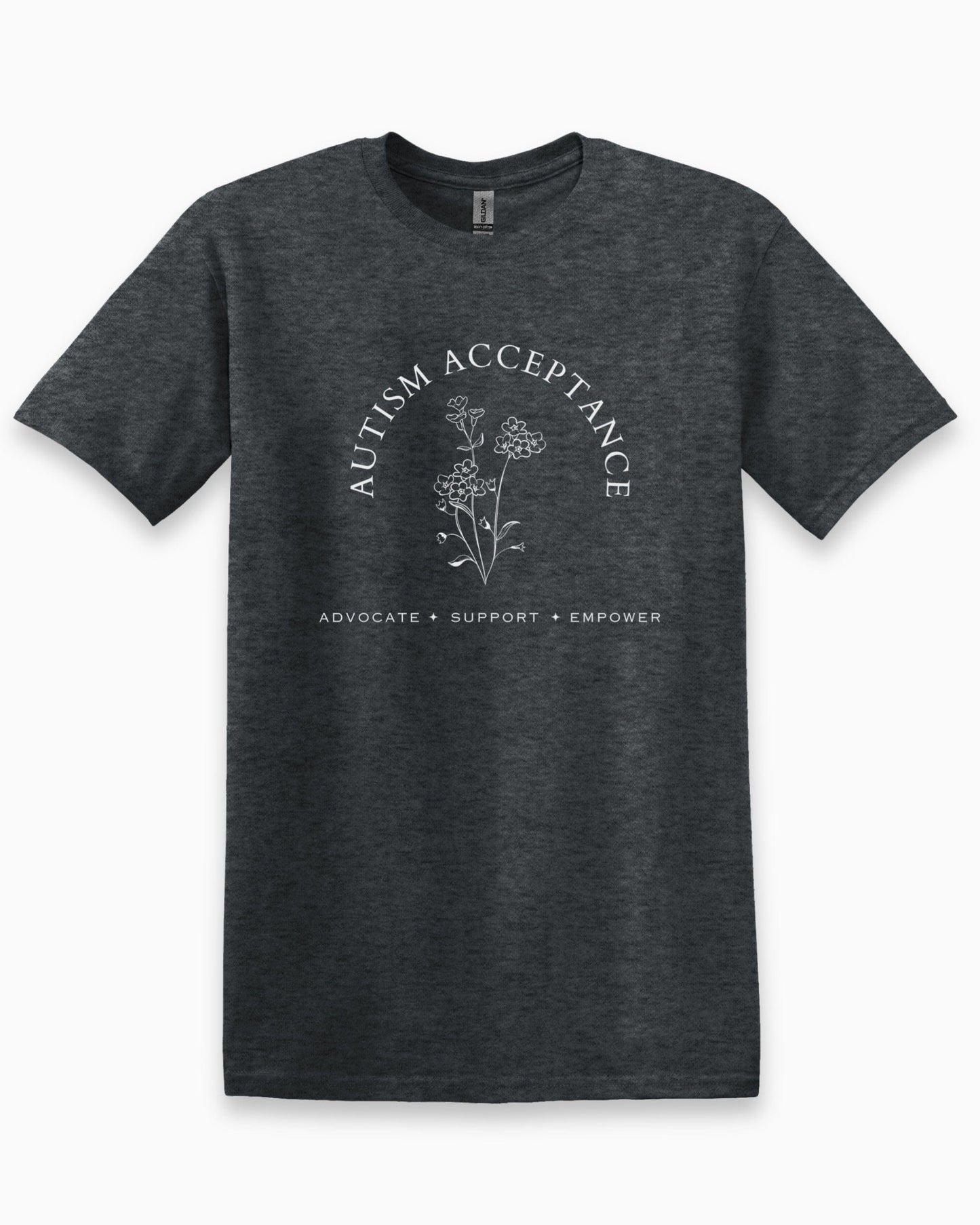 Autism Acceptance - Advocate Support Empower Tee-Dark Heather Grey-Neurodiversity, ADHD & Autism Awareness & Acceptance T-Shirt by Daily Bloom