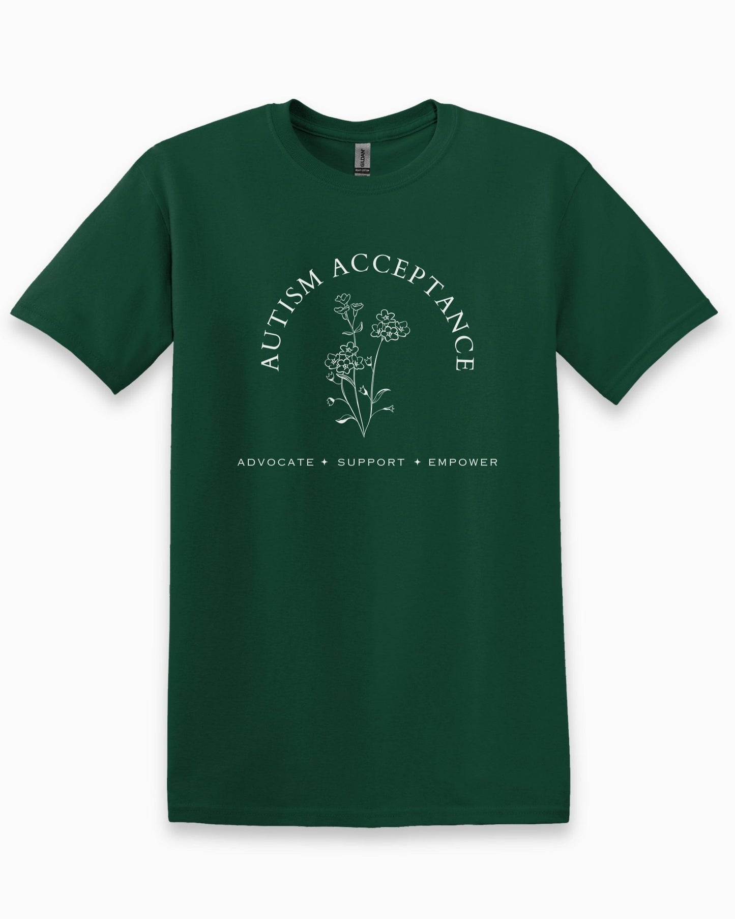 Autism Acceptance - Advocate Support Empower Tee-Forest Green-Neurodiversity, ADHD & Autism Awareness & Acceptance T-Shirt by Daily Bloom