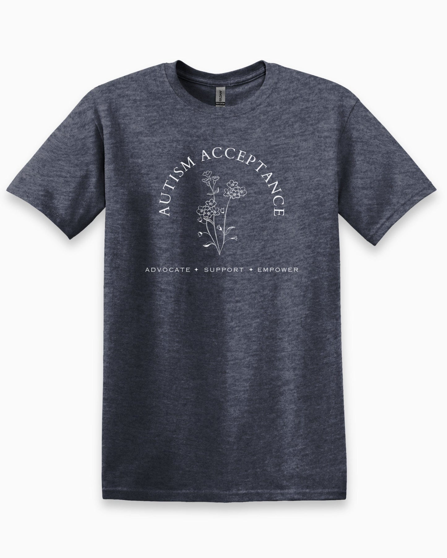 Autism Acceptance - Advocate Support Empower Tee-Heather Navy-Neurodiversity, ADHD & Autism Awareness & Acceptance T-Shirt by Daily Bloom