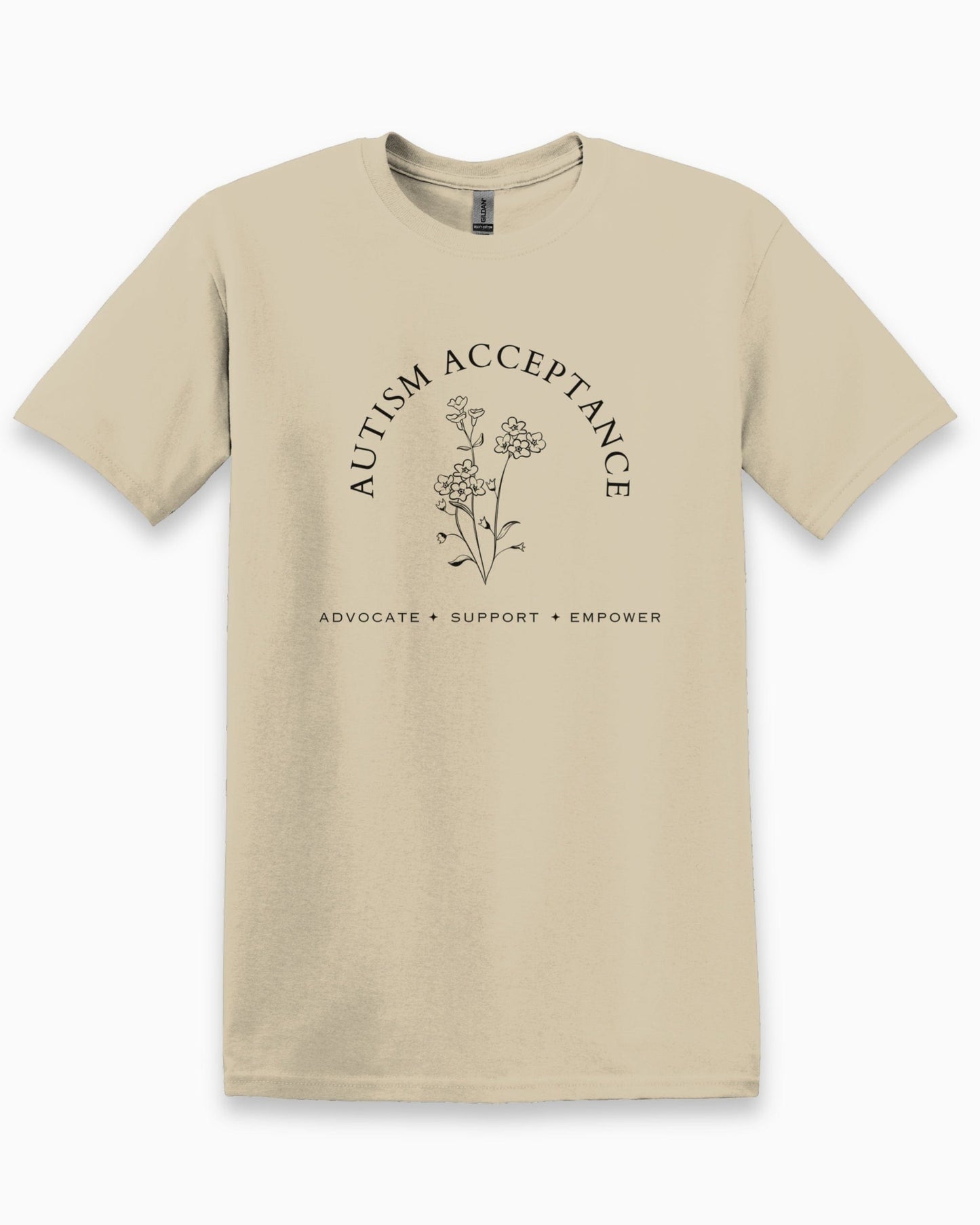 Autism Acceptance - Advocate Support Empower Tee-Sand-Neurodiversity, ADHD & Autism Awareness & Acceptance T-Shirt by Daily Bloom