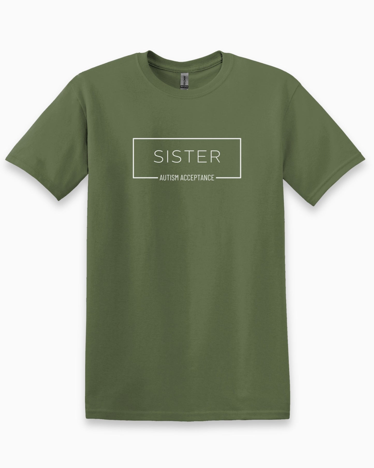Sister Box Tee-Military Green-Neurodiversity, ADHD & Autism Awareness & Acceptance T-Shirt by Daily Bloom
