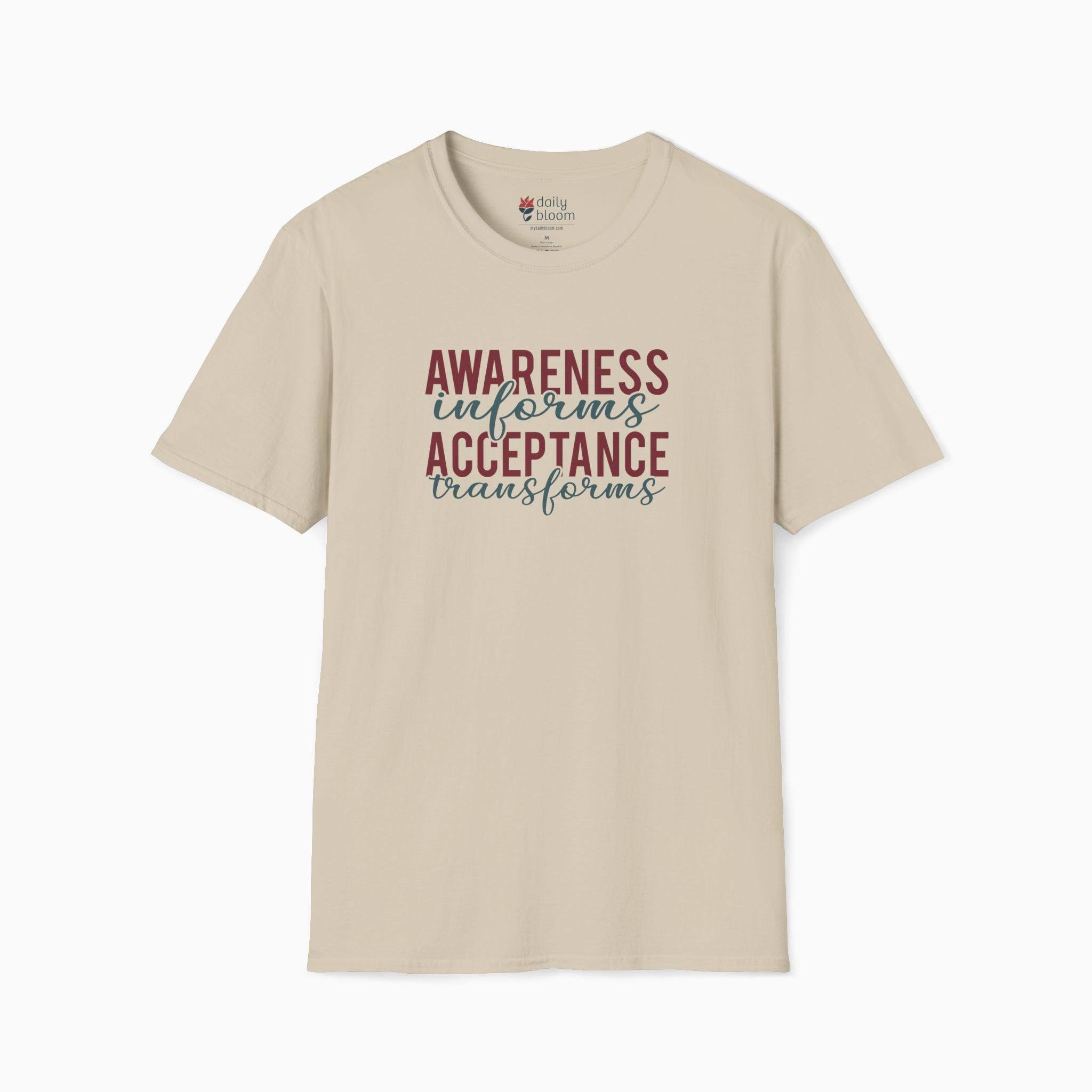 Awareness Informs Acceptance Transforms Tee-Sand-Neurodiversity, ADHD & Autism Awareness & Acceptance T-Shirt by Daily Bloom
