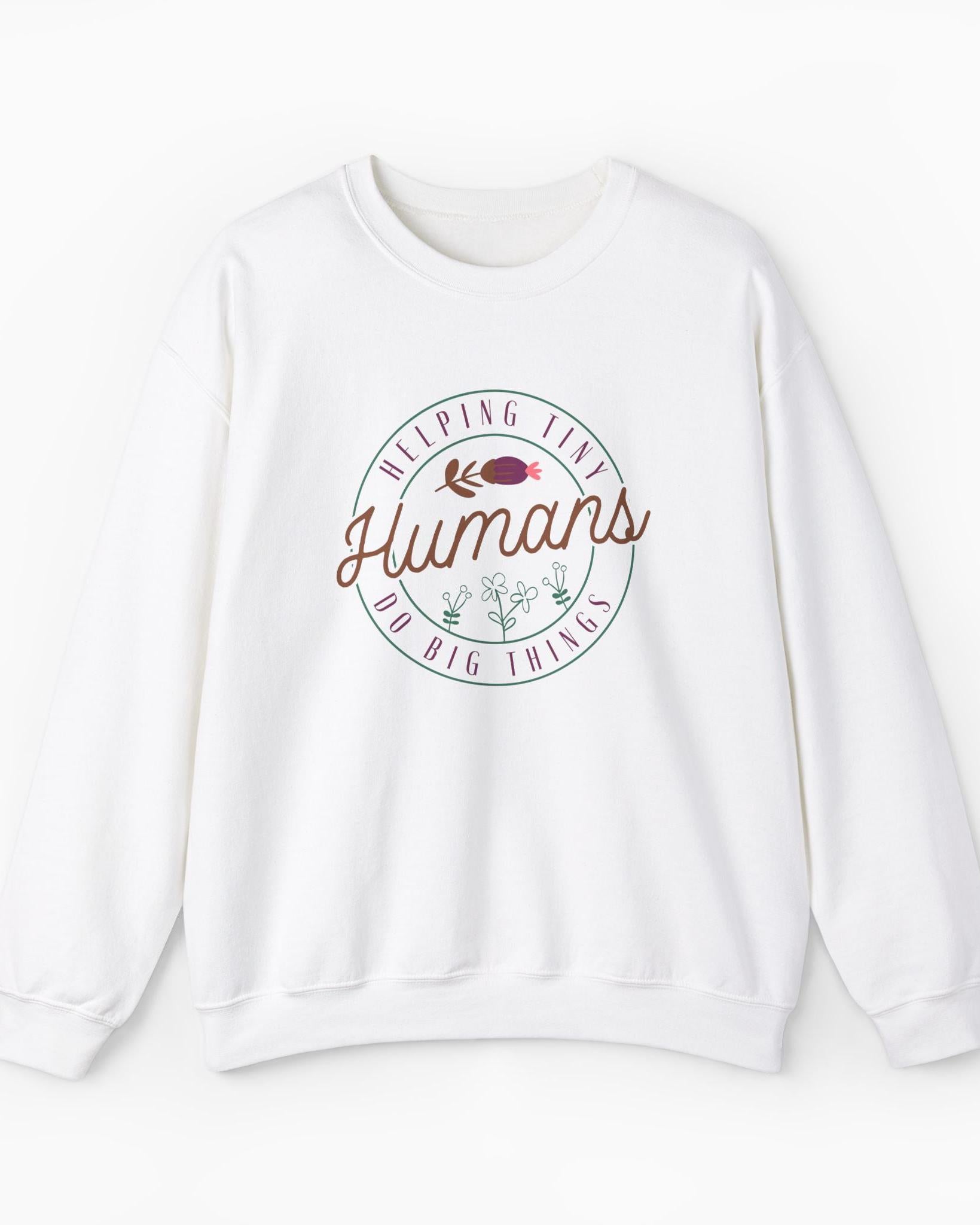 Helping Tiny Humans Do Big Things Sweatshirt-White-Neurodiversity, ADHD & Autism Awareness & Acceptance Sweatshirt by Daily Bloom