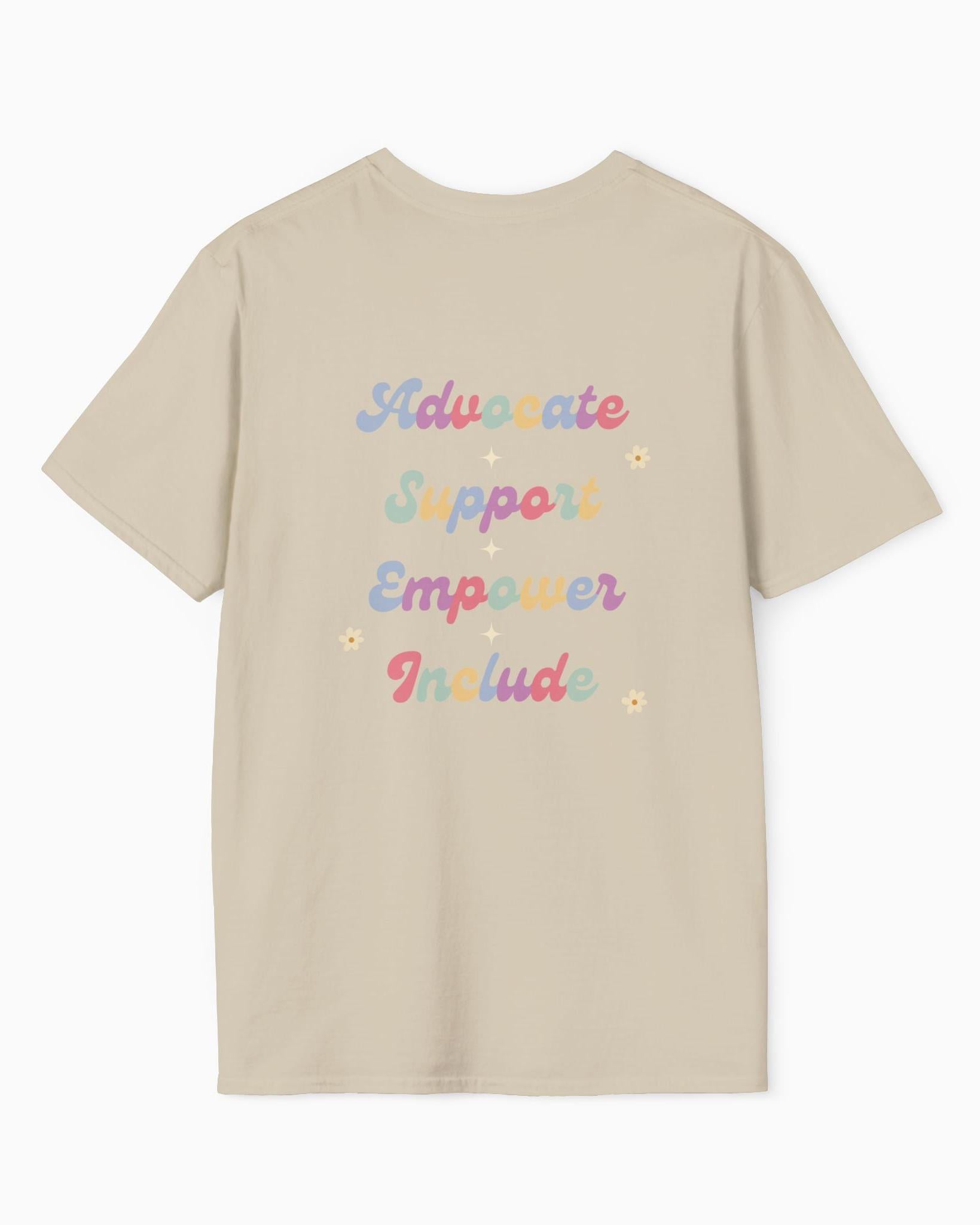 Advocate Support Empower Include Tee w/ Back Print-Neurodiversity, ADHD & Autism Awareness & Acceptance T-Shirt by Daily Bloom