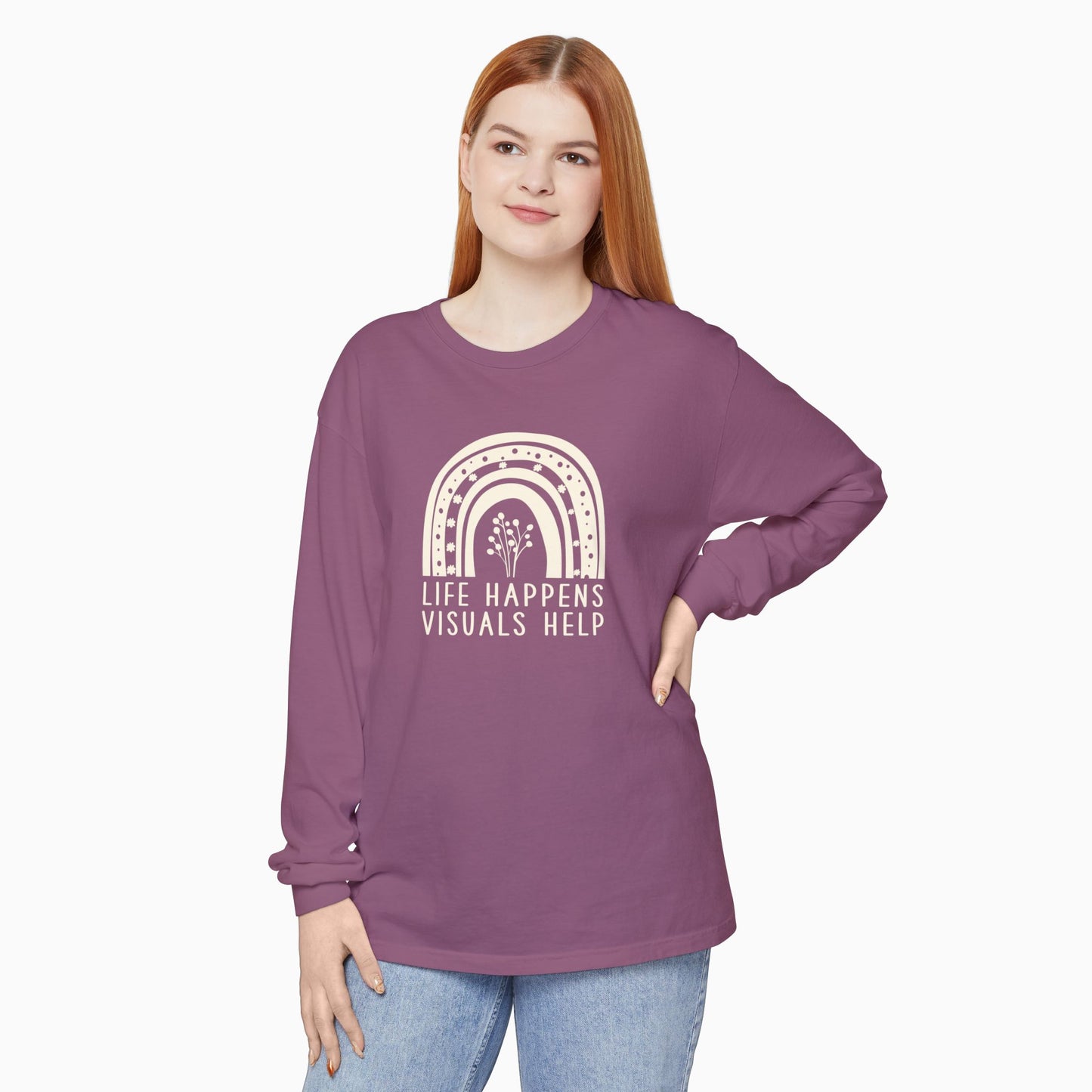 Life Happens Visuals Help Comfort Colors Long Sleeve T-Shirt