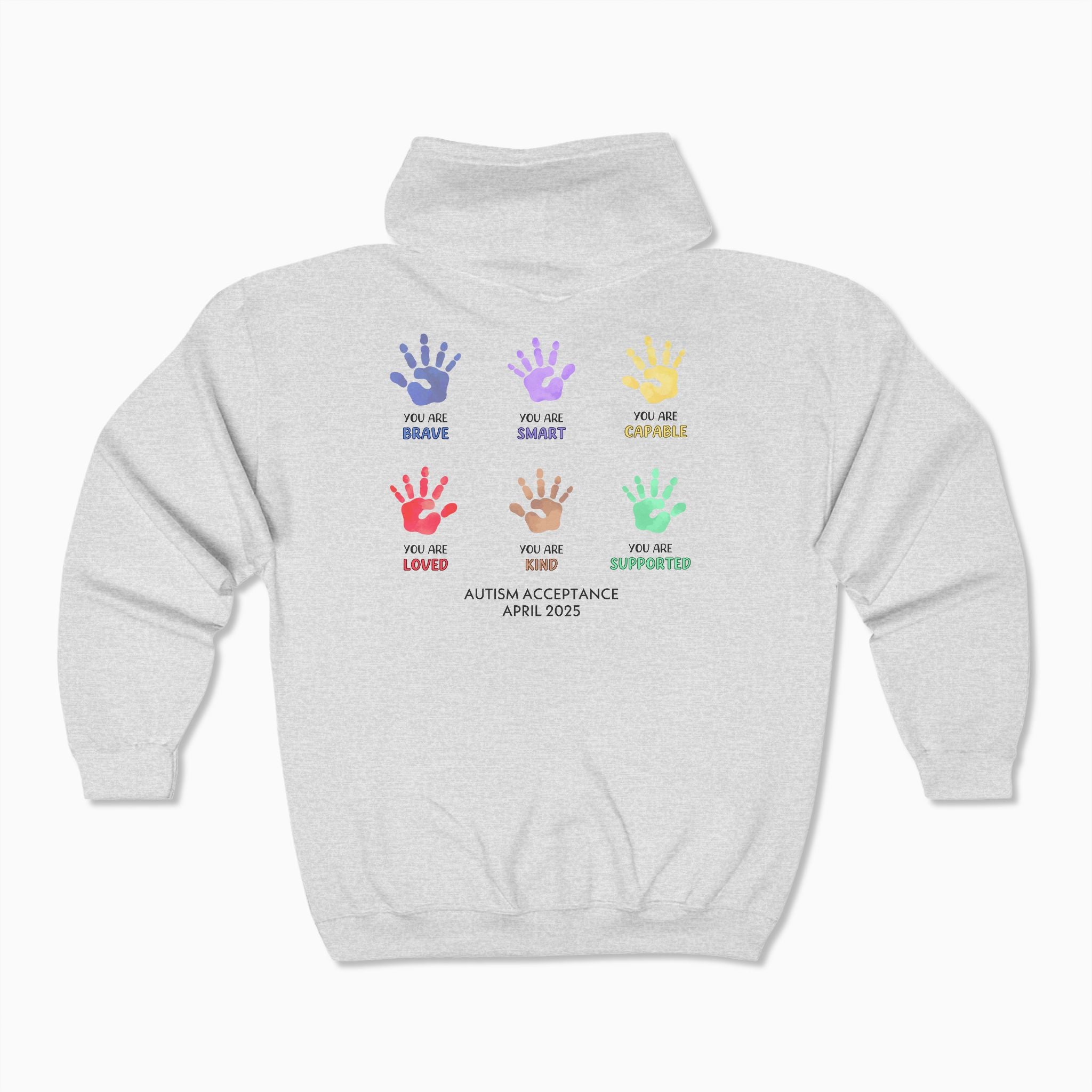 Autism Awareness 2025 - Affirmations Handprints Zip Up Hoodie