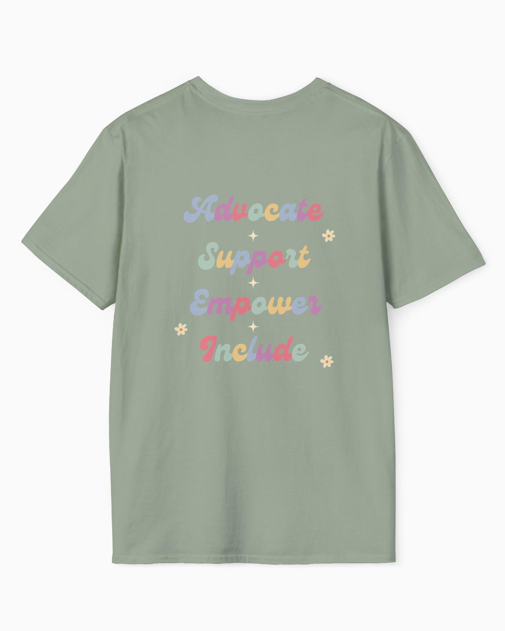 Advocate Support Empower Include Tee w/ Back Print-Neurodiversity, ADHD & Autism Awareness & Acceptance T-Shirt by Daily Bloom