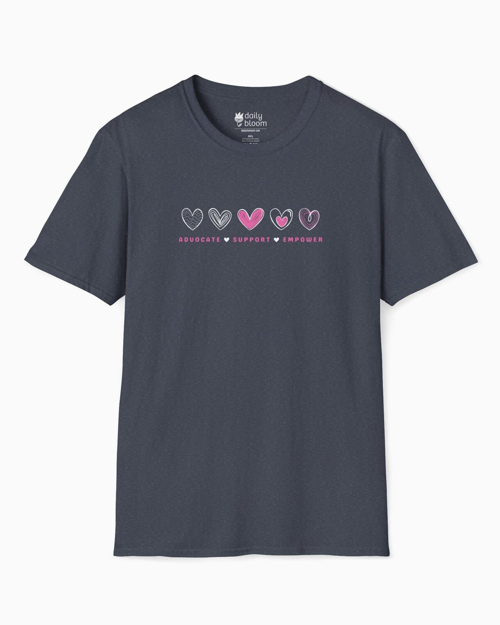 Advocate Support Empower Love Hearts Tee-Heather Navy-Neurodiversity, ADHD & Autism Awareness & Acceptance T-Shirt by Daily Bloom