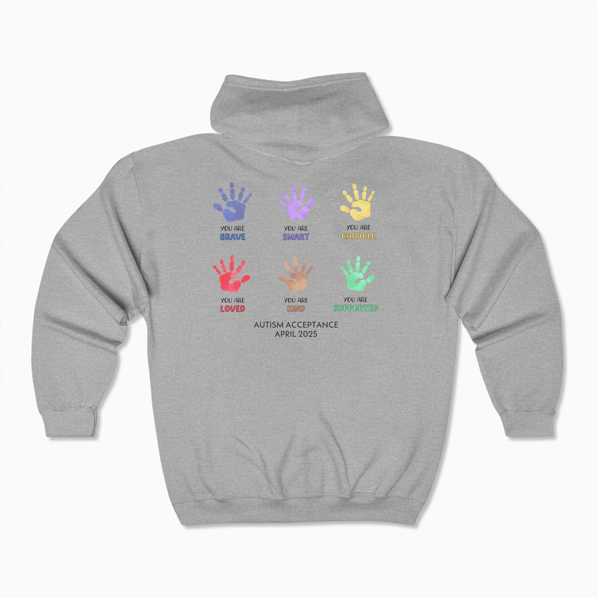 Autism Awareness 2025 - Affirmations Handprints Zip Up Hoodie