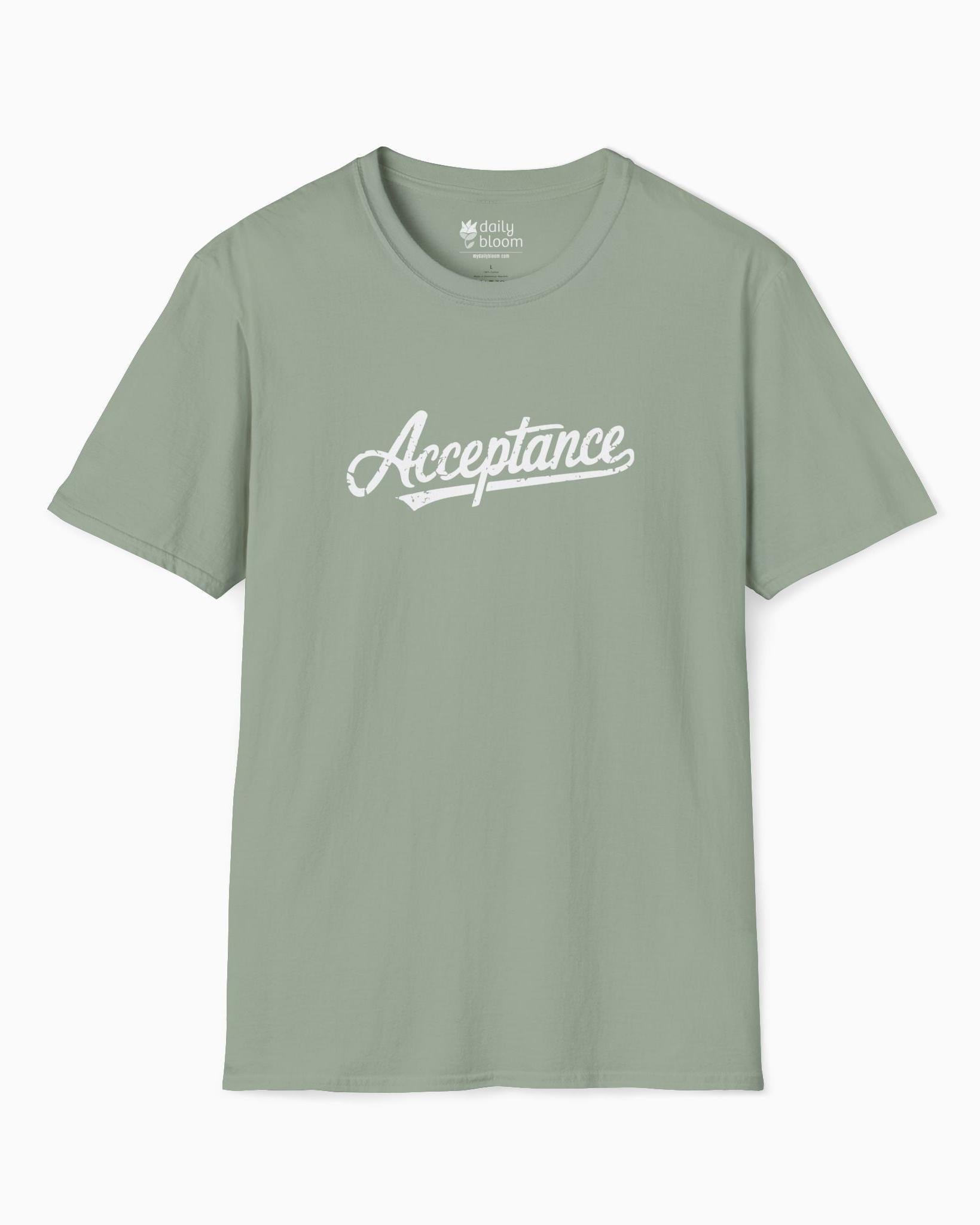 Acceptance Grunge Script Tee-Sage-Neurodiversity, ADHD & Autism Awareness & Acceptance T-Shirt by Daily Bloom