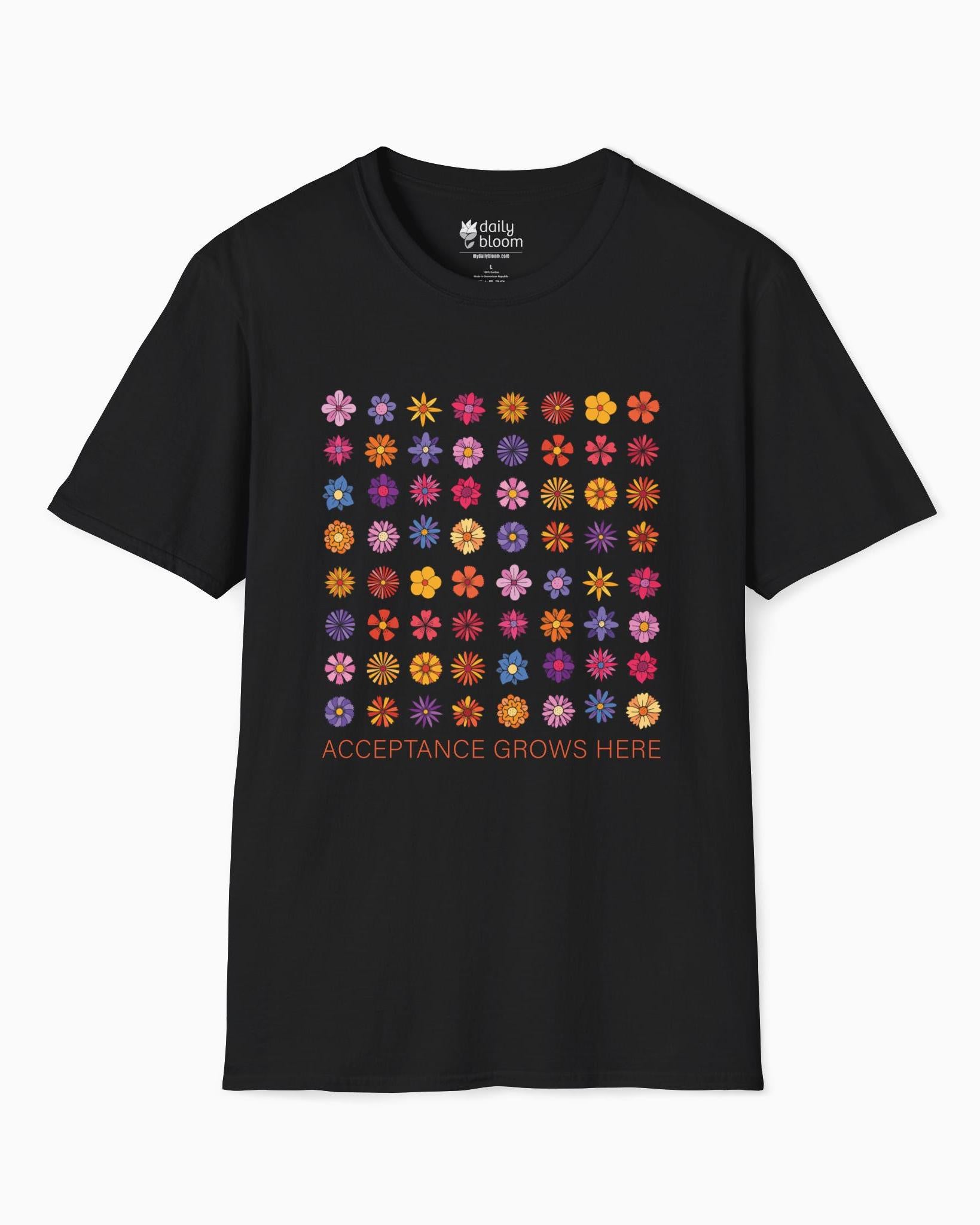 Acceptance Grows Here Flowers Tee-Black-Neurodiversity, ADHD & Autism Awareness & Acceptance T-Shirt by Daily Bloom