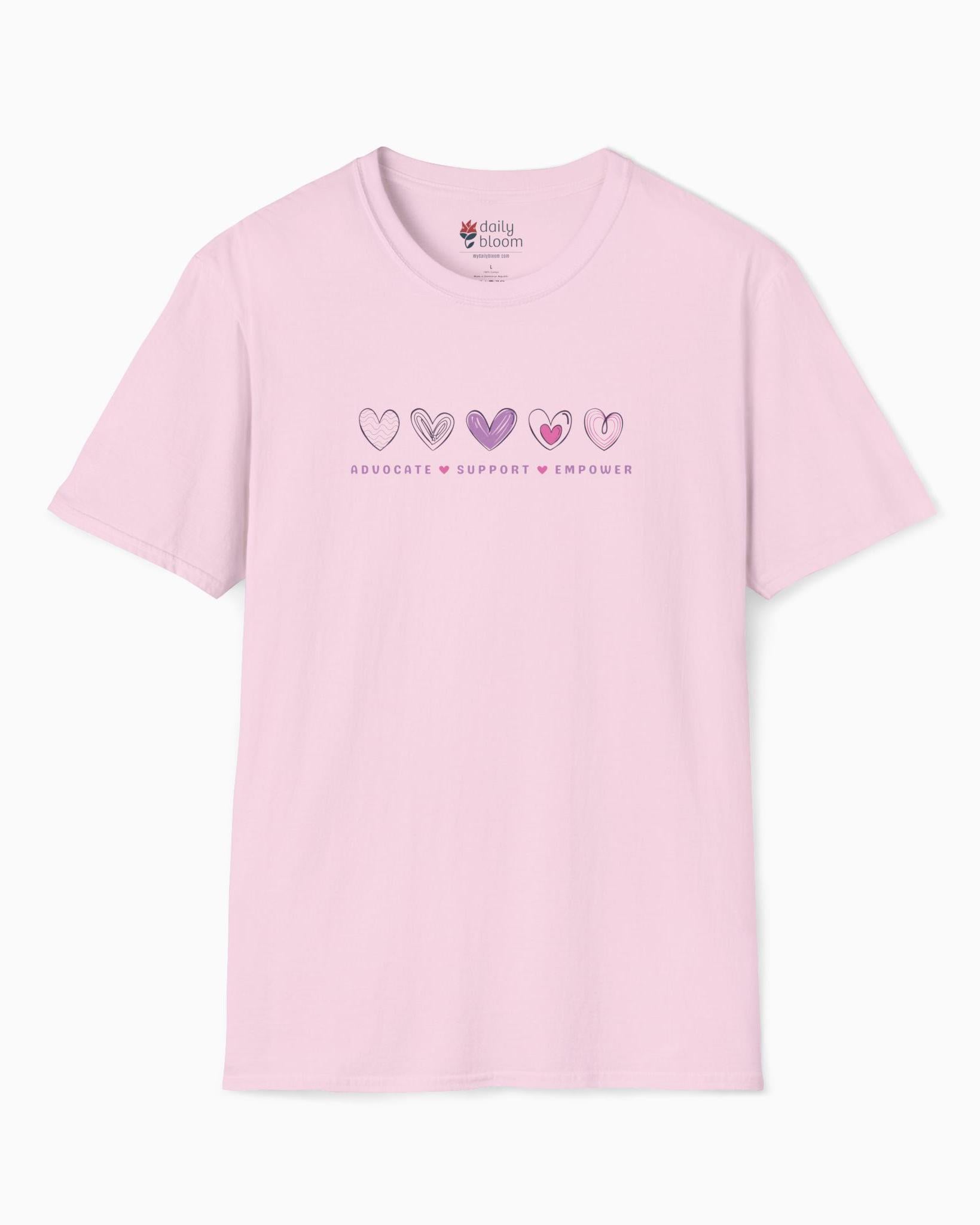 Advocate Support Empower Love Hearts Tee-Light Pink-Neurodiversity, ADHD & Autism Awareness & Acceptance T-Shirt by Daily Bloom