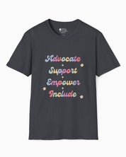 Advocate Support Empower Include Tee-Dark Heather Grey-Neurodiversity, ADHD & Autism Awareness & Acceptance T-Shirt by Daily Bloom
