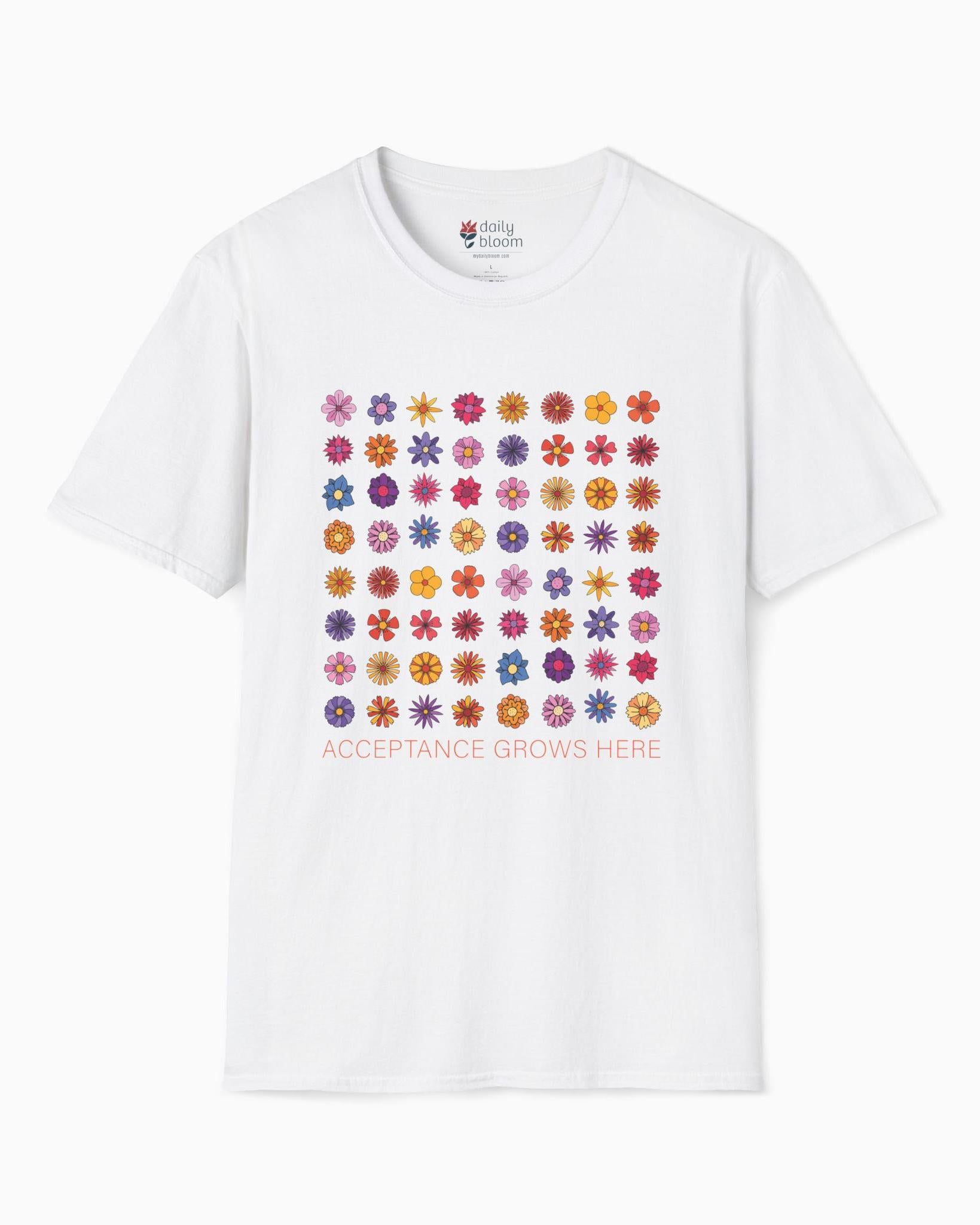 Acceptance Grows Here Flowers Tee-White-Neurodiversity, ADHD & Autism Awareness & Acceptance T-Shirt by Daily Bloom
