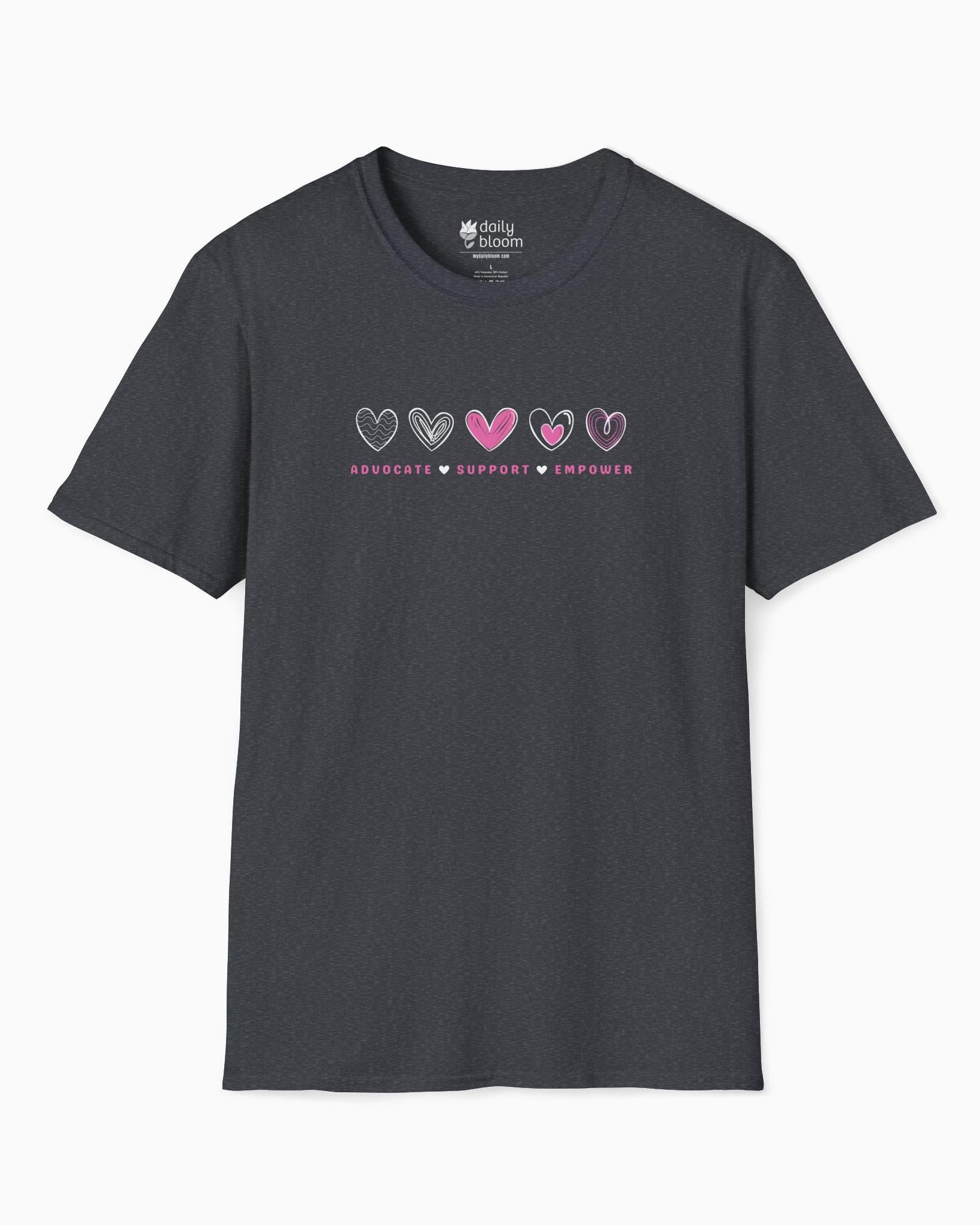 Advocate Support Empower Love Hearts Tee-Dark Heather Grey-Neurodiversity, ADHD & Autism Awareness & Acceptance T-Shirt by Daily Bloom