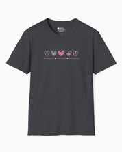 Advocate Support Empower Love Hearts Tee-Dark Heather Grey-Neurodiversity, ADHD & Autism Awareness & Acceptance T-Shirt by Daily Bloom