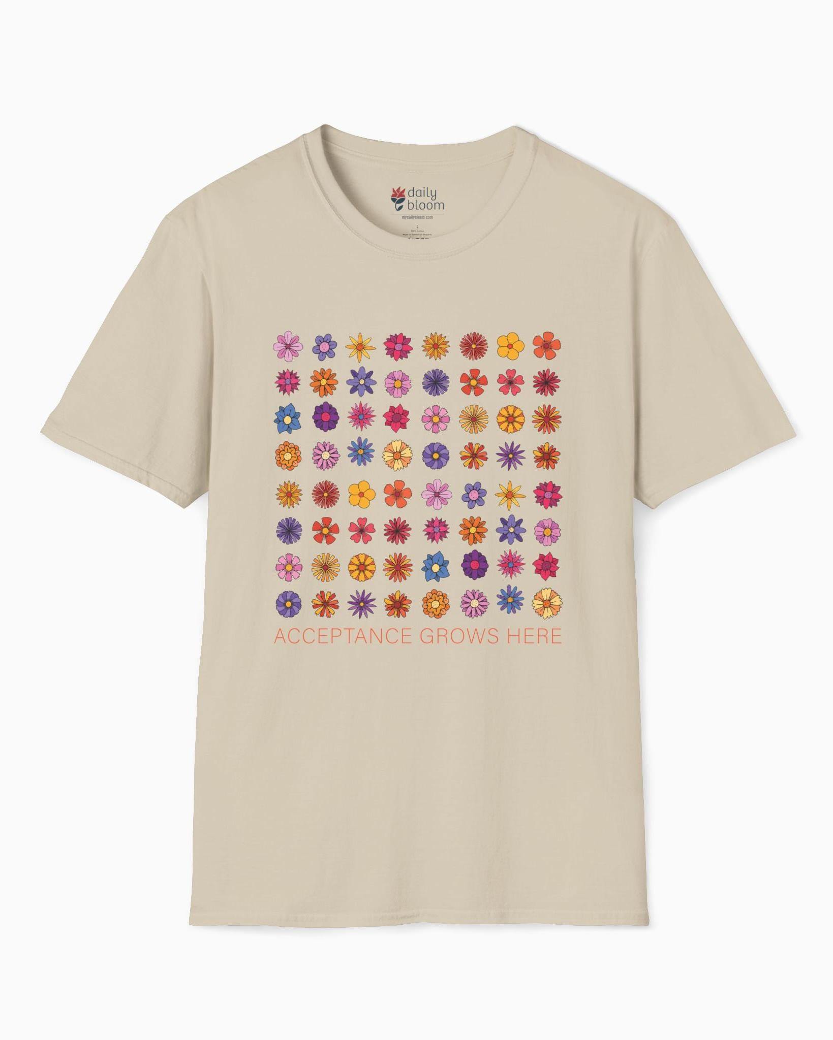 Acceptance Grows Here Flowers Tee-Sand-Neurodiversity, ADHD & Autism Awareness & Acceptance T-Shirt by Daily Bloom
