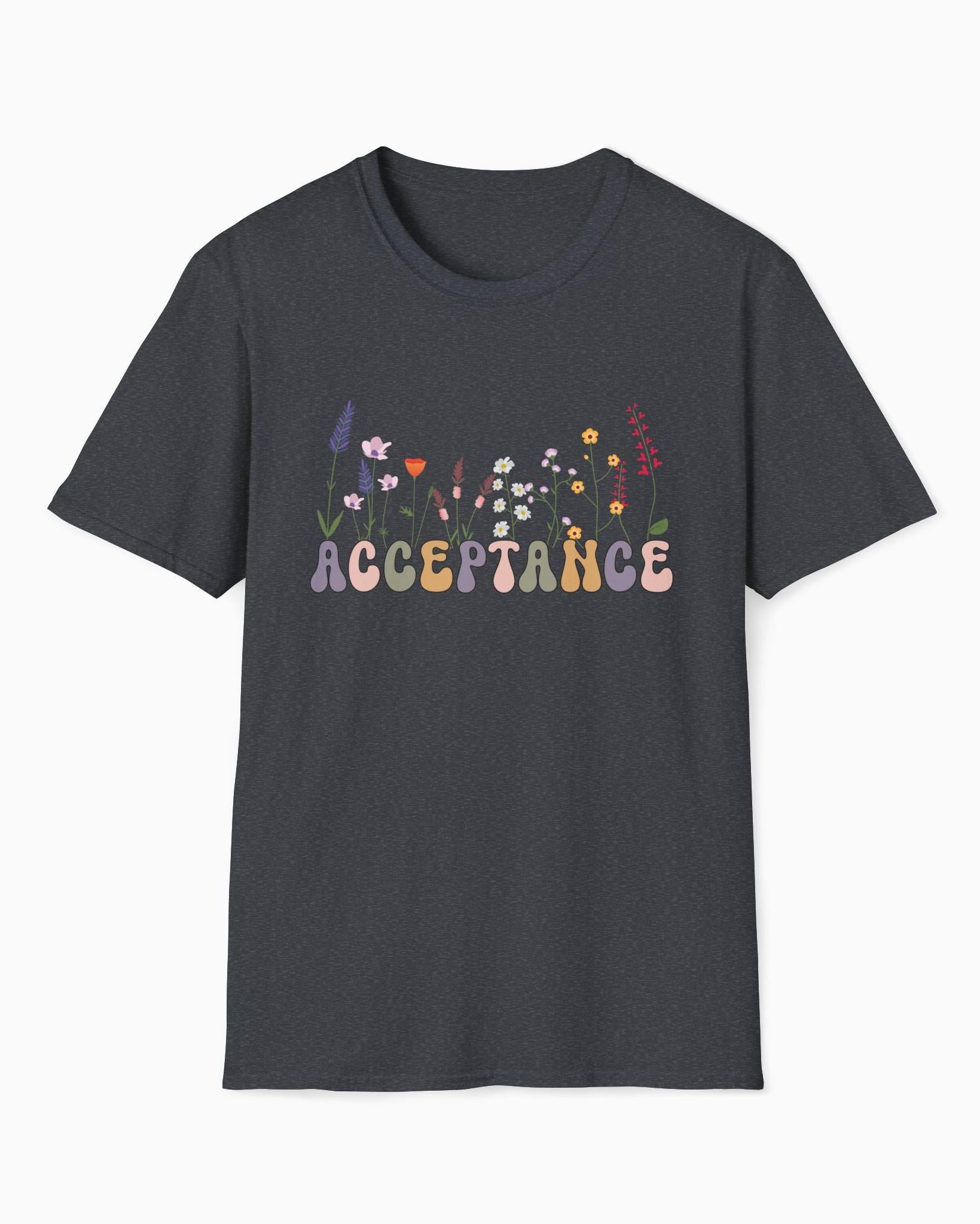 Acceptance Wildflowers Tee-Dark Heather Grey-Neurodiversity, ADHD & Autism Awareness & Acceptance T-Shirt by Daily Bloom