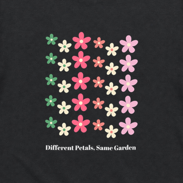 Different Petals Same Garden Tee Black t-shirt, design close-up