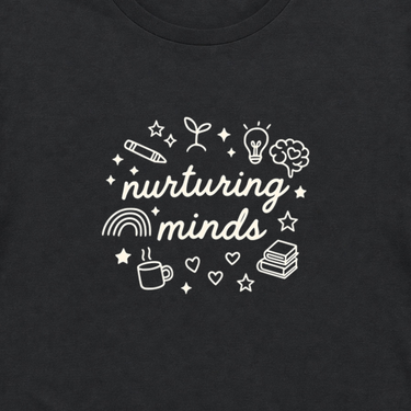 Nurturing Minds Tag-Free Tee Black t-shirt, design close-up