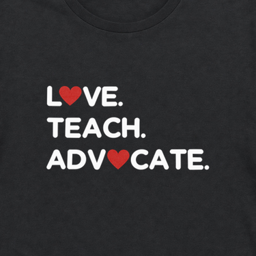 Love Teach Advocate - Love Hearts Tee Black t-shirt, design close-up