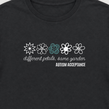 Different Petals Same Garden Flower Sketches Tee Black t-shirt, design close-up