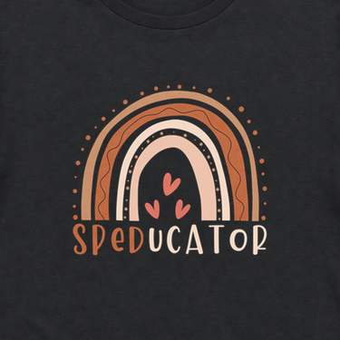 SPEDucator Boho Rainbow Tee Black t-shirt, design close-up