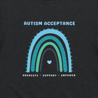 Advocate Support Empower Autism Acceptance Rainbow Tee Black t-shirt, design close-up