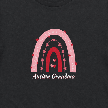 Rainbow Autism Grandma Tee Black t-shirt, design close-up