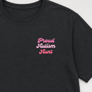 Proud Autism Aunt Tee Black t-shirt, design close-up