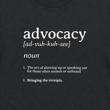 Advocacy Definition Tee Black t-shirt, design close-up