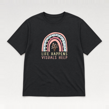 Life Happens Visuals Help Tag-Free Tee Black t-shirt, front