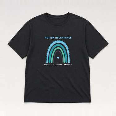 Advocate Support Empower Autism Acceptance Rainbow Tee Black t-shirt, front