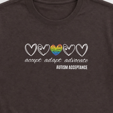 Accept Adapt Advocate Rainbow Love Heart Tee Dark Chocolate t-shirt, design close-up
