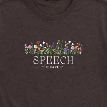 Speech Therapist Floral Tee Dark Chocolate t-shirt, design close-up