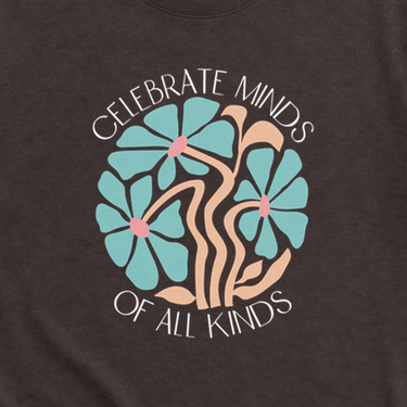Celebrate Minds of All Kinds Tee Dark Chocolate t-shirt, design close-up