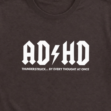 AD/HD Thunderstruck Tee Dark Chocolate t-shirt, design close-up