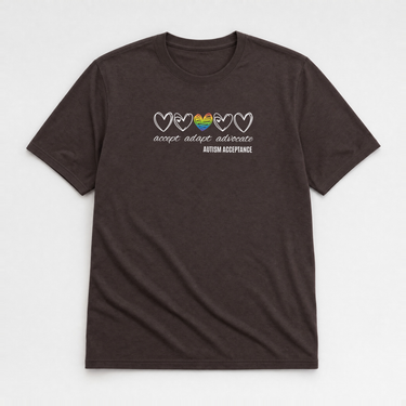Accept Adapt Advocate Rainbow Love Heart Tee Dark Chocolate t-shirt, front