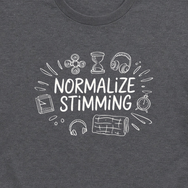 Normalize Stimming Tag-Free Tee Dark Heather Grey t-shirt, design close-up