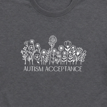 Autism Acceptance Wildflowers Tee Dark Heather Grey t-shirt, design close-up