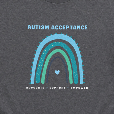 Advocate Support Empower Autism Acceptance Rainbow Tee Dark Heather Grey t-shirt, design close-up